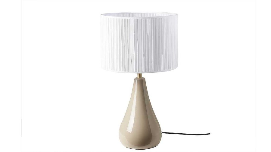 Luminaire Miliboo | Lampe Poser Taupe En C Ramique Brillante Et Abat-Jour En Tissu Pliss Blanc H49 Cm Troia