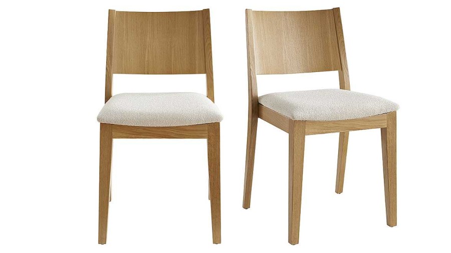 Chaise & Tabouret Miliboo Chaise Design | Chaises Scandinaves Empilables En Bois Clair Ch Ne Et Tissu Effet Laine Boucl E Blanc Cass (Lot De 2) Melvil