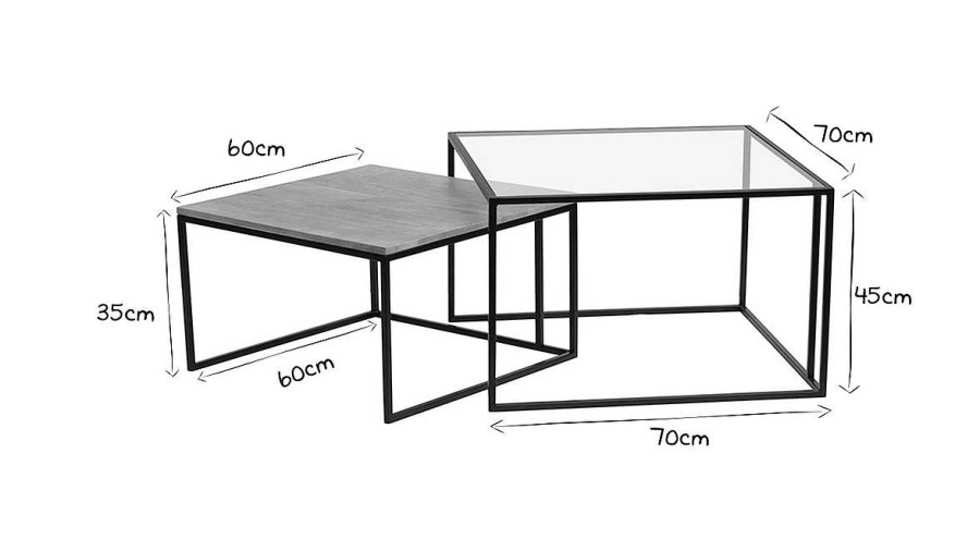 Table Miliboo | Tables Basses Gigognes Carr Es Verre Tremp , Bois Manguier Massif Et M Tal Noir (Lot De 2) Tahl