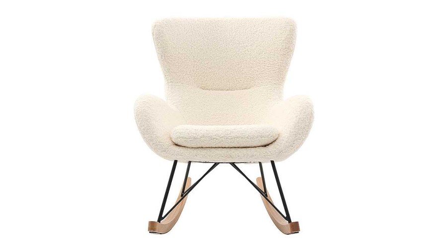 Canap & Fauteuil Miliboo Rocking Chair | Rocking Chair Scandinave En Tissu Effet Peau De Mouton Blanc, M Tal Noir Et Bois Clair Eskua