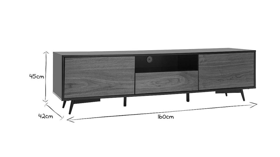 Rangement Miliboo Meuble Tv Design | Meuble Tv Bois Fonc Noyer, Noir Mat Et M Tal Noir 2 Portes 1 Tiroir L160 Cm Mermoz