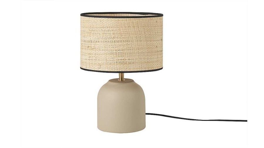 Luminaire Miliboo | Lampe Poser Taupe En C Ramique Mate Et Abat-Jour En Raphia H35 Cm Rocha