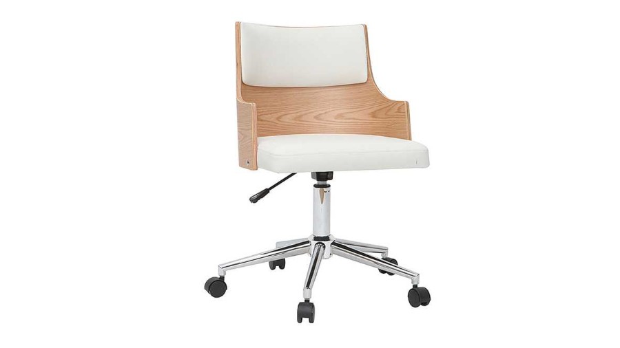 Chaise & Tabouret Miliboo | Chaise De Bureau Roulettes Design Blanc, Bois Clair Et Acier Chrom Mayol