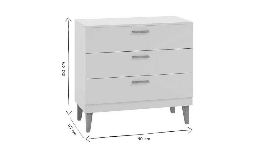 Rangement Miliboo | Commode Blanc Mat Et Bois Clair 3 Tiroirs L90 Cm Elias