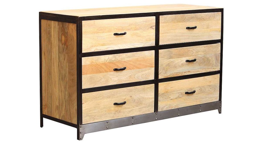 Rangement Miliboo | Commode Industrielle En Bois Manguier Massif Et M Tal Noir 6 Tiroirs L130 Cm Industria