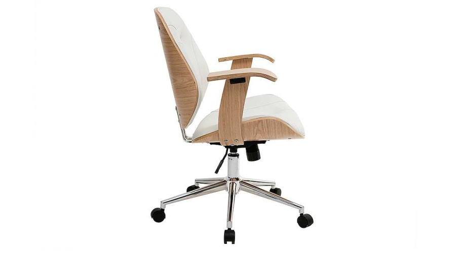 Chaise & Tabouret Miliboo | Chaise De Bureau Roulettes Design Blanc, Bois Clair Et Acier Chrom Yorke