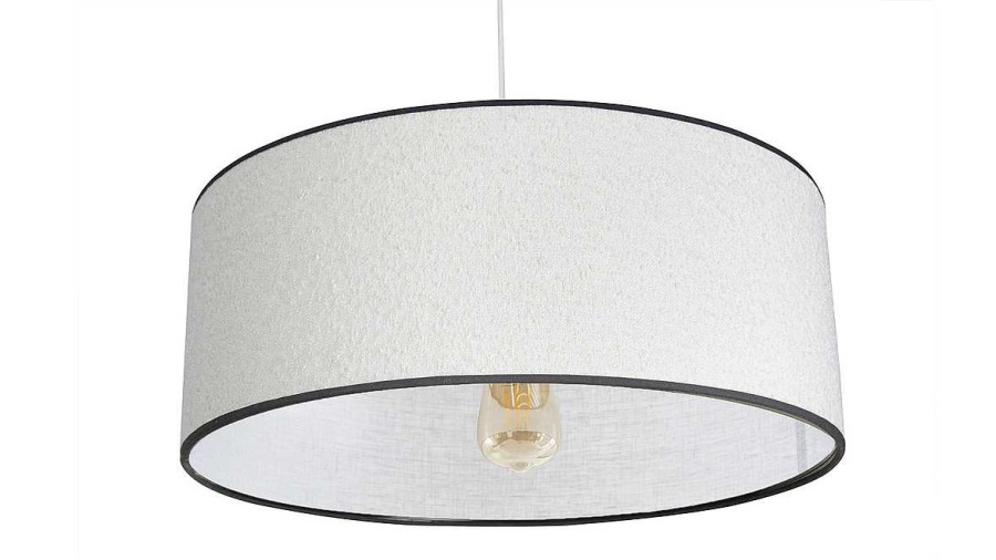 Luminaire Miliboo | Suspension Cylindrique En Tissu Effet Laine Boucl E Blanc Et Rabane Naturelle D50 Cm Traves