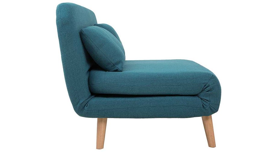 Canap & Fauteuil Miliboo Canap Convertible | Chauffeuse 2 Places Convertible En Tissu Bleu Canard Et Bois Clair Amiko