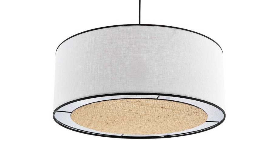 Luminaire Miliboo | Suspension Cylindrique En Lin Blanc Et Rabane Naturelle D50 Cm Traves