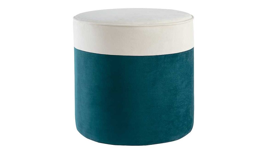 Canap & Fauteuil Miliboo | Pouf Design Bicolore En Tissu Velours Blanc Cr Me Et Bleu Paon D40 Cm Daisy