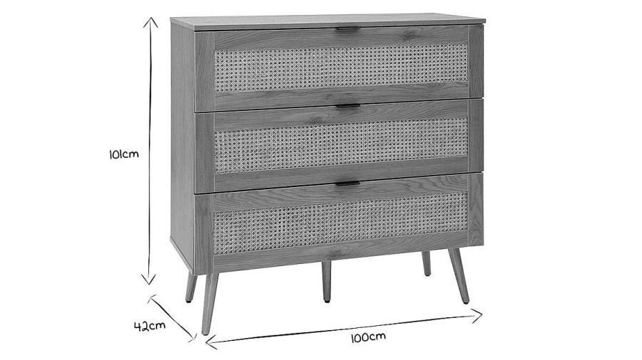 Rangement Miliboo | Commode En Bois Clair, Cannage En Rotin Et M Tal Noir 3 Tiroirs L100 Cm Manille