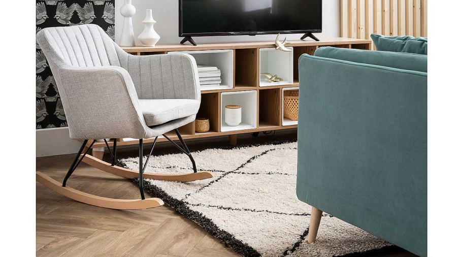 Canap & Fauteuil Miliboo Rocking Chair | Rocking Chair Scandinave En Tissu Gris Clair, M Tal Noir Et Bois Clair Aleyna