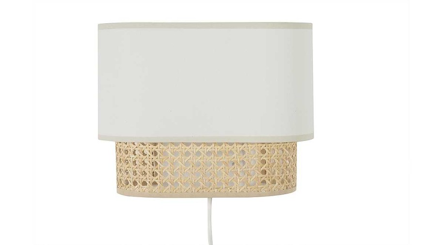 Luminaire Miliboo | Applique Murale En Tissu Blanc Et Cannage Rotin Naturel H20 Cm Tiwy