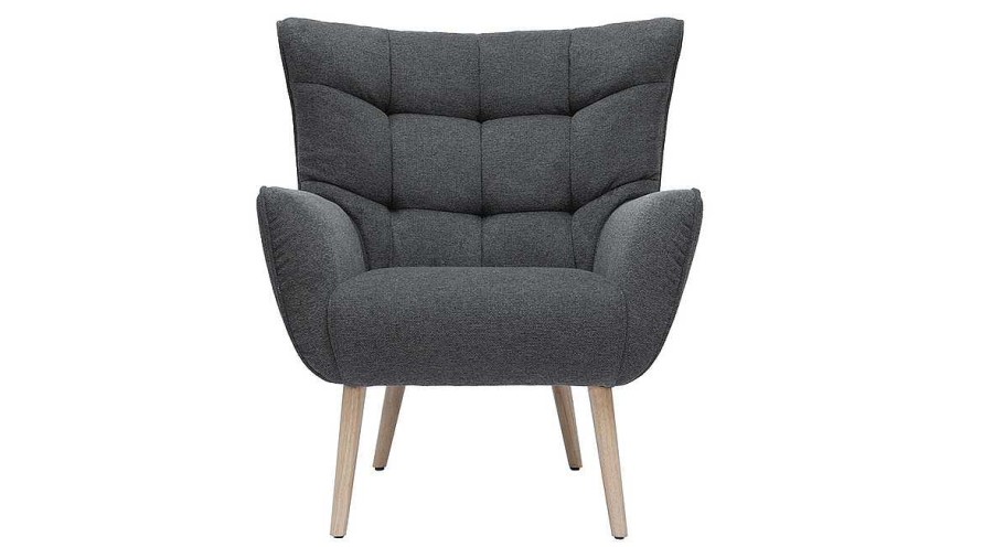 Canap & Fauteuil Miliboo Fauteuil Design | Fauteuil Scandinave En Tissu Effet Velours Textur Gris Fonc Et Bois Clair Avery