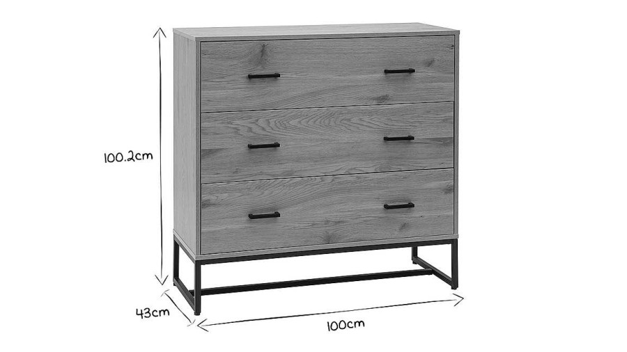 Rangement Miliboo | Commode 3 Tiroirs Finition Bois Clair Ch Ne Et M Tal Noir L100 Cm Lovato