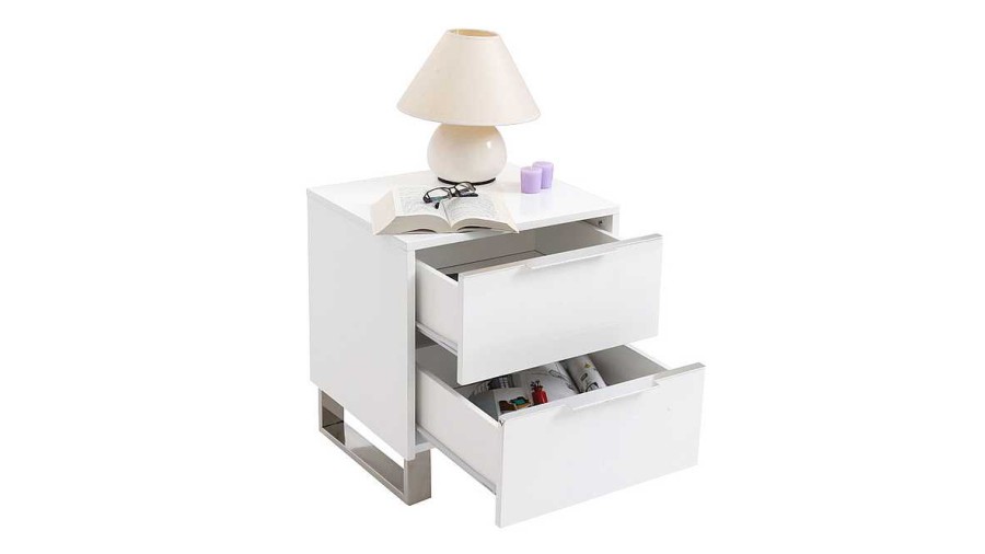 Chambre Miliboo | Table De Chevet Design Blanc Laqu Et M Tal Chrom L45 Cm Halifax