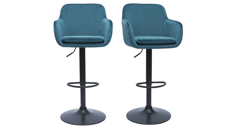 Chaise & Tabouret Miliboo Tabouret De Bar | Tabourets De Bar R Glables En Tissu Velours Bleu P Trole Et M Tal Noir (Lot De 2) Amika