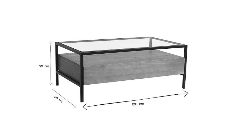 Table Miliboo | Table Basse Rectangulaire Avec Rangements En Bois Manguier Massif, Verre Et M Tal Noir L100 Cm Sita