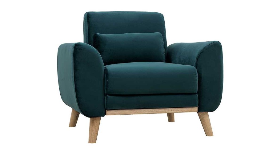 Canap & Fauteuil Miliboo Fauteuil Design | Fauteuil Scandinave En Tissu Velours Bleu P Trole Et Bois Clair Ektor