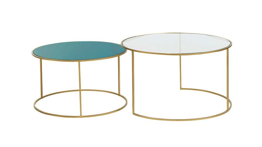 Table Miliboo | Tables Basses Gigognes Rondes Design M Tal Dor Et Verre Teint Bleu P Trole (Lot De 2) Roxo