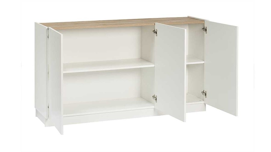 Rangement Miliboo | Buffet Design Blanc Laqu Brillant Et Bois Clair 3 Portes L155 Cm Nelio