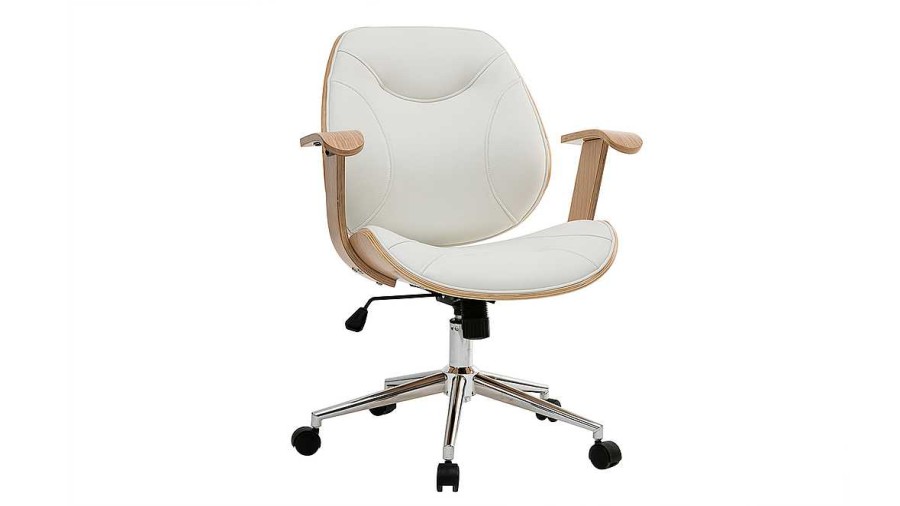 Chaise & Tabouret Miliboo | Chaise De Bureau Roulettes Design Blanc, Bois Clair Et Acier Chrom Yorke