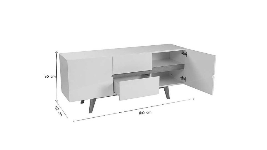 Rangement Miliboo | Buffet Scandinave Blanc Brillant Et Finition Bois Clair 2 Portes 2 Tiroirs L160Cm Melka