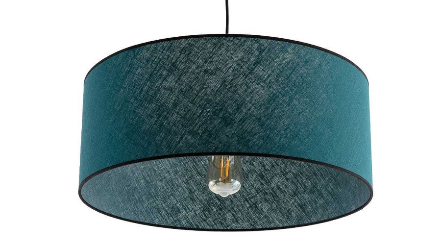 Luminaire Miliboo | Suspension Cylindrique En Lin Bleu Paon Et Rabane Naturelle D50 Cm Traves