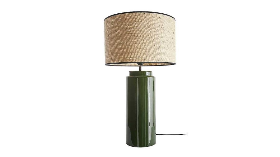 Luminaire Miliboo | Lampe Poser En C Ramique Maill E Verte Et Abat-Jour En Raphia Naturel H64 Cm Majes