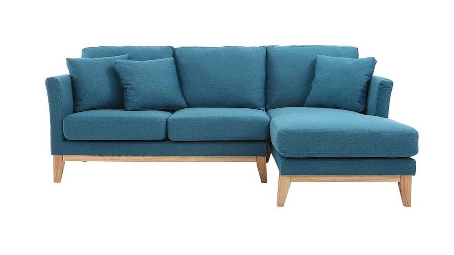 Canap & Fauteuil Miliboo Canap D'Angle | Canap D'Angle Droit D Houssable 4 Places En Tissu Bleu Canard Et Bois Clair Oslo