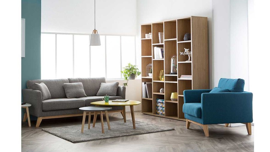 Canap & Fauteuil Miliboo Fauteuil Design | Fauteuil Scandinave D Houssable En Tissu Bleu Fonc Et Bois Clair Oslo