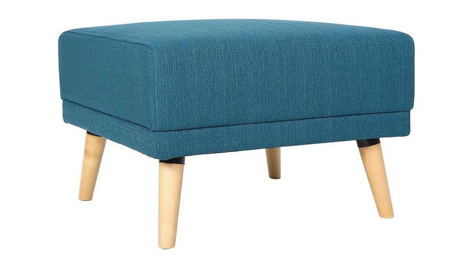 Canap & Fauteuil Miliboo | Pouf Repose-Pieds Scandinave En Tissu Bleu Canard Et Bois Clair Ulla