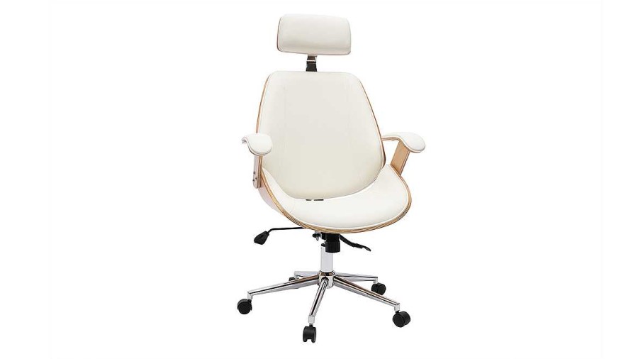 Chaise & Tabouret Miliboo | Fauteuil De Bureau De Direction Design Blanc, Bois Clair Et Acier Chrom Musk