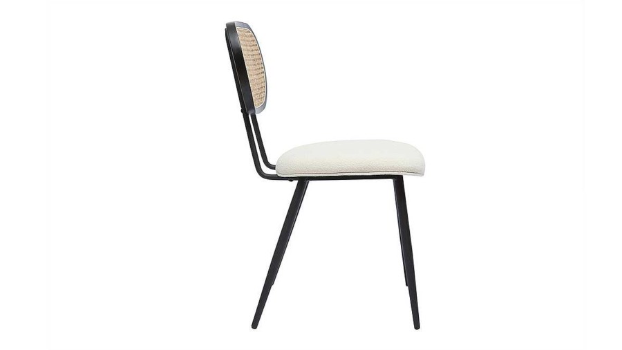 Chaise & Tabouret Miliboo Chaise Design | Chaises Design En Tissu Effet Laine Boucl E Blanc Cass , M Tal Noir Et Cannage Rotin Naturel (Lot De 2) Tolma