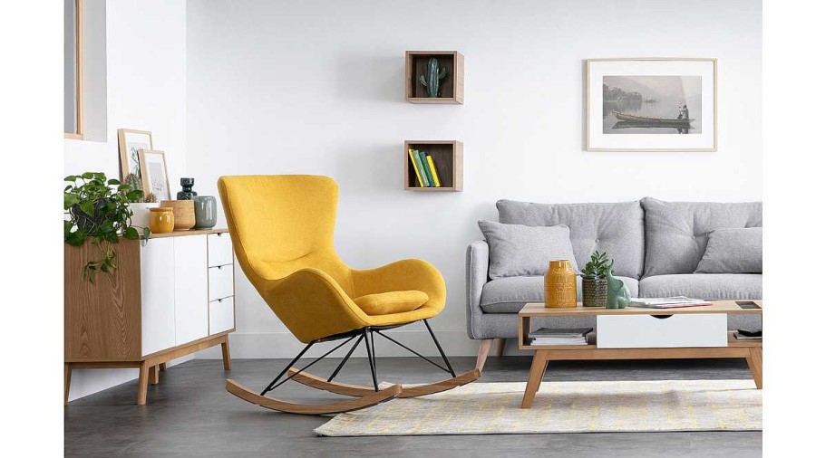 Canap & Fauteuil Miliboo Rocking Chair | Rocking Chair Scandinave En Tissu Effet Velours Jaune Moutarde, M Tal Noir Et Bois Clair Eskua