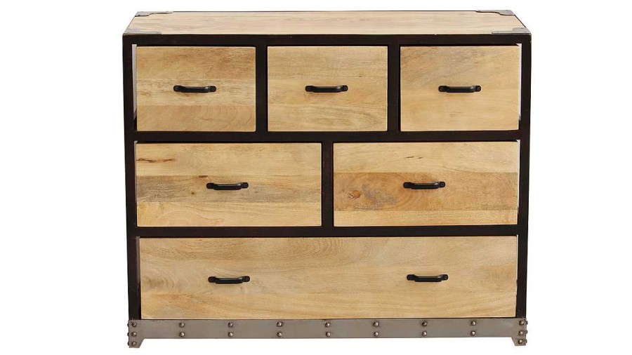 Rangement Miliboo | Commode Industrielle En Bois Manguier Massif Et M Tal Noir 6 Tiroirs L99 Cm Industria