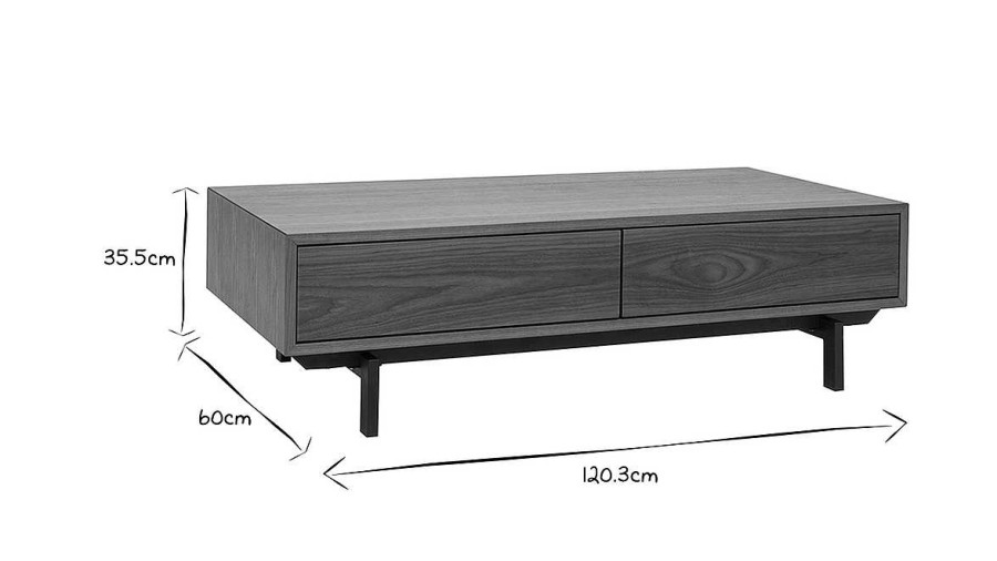 Table Miliboo | Table Basse Rectangulaire Avec Rangements 2 Tiroirs Bois Fonc Noyer Et M Tal Noir L120 Cm Manny