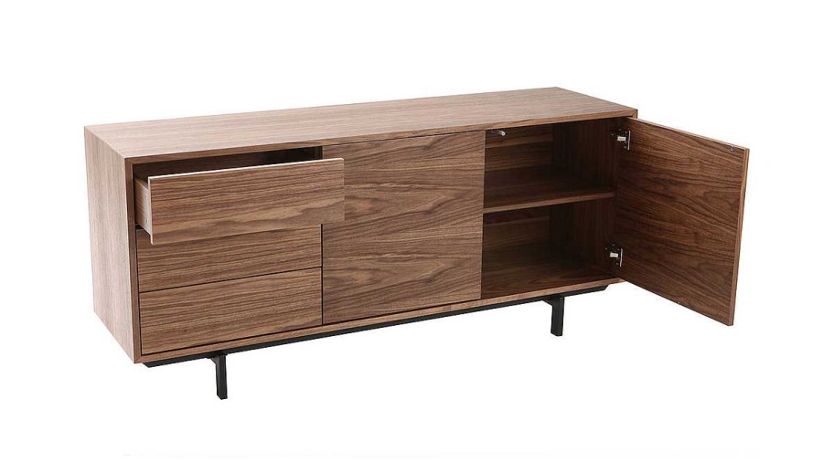 Rangement Miliboo | Buffet Vintage En Bois Fonc Noyer 2 Portes 3 Tiroirs L160 Cm Manny