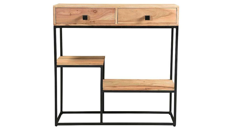 Bureau Miliboo | Console Avec Rangements 2 Tiroirs En Bois Massif Et M Tal Noir L80 Cm Grenelle