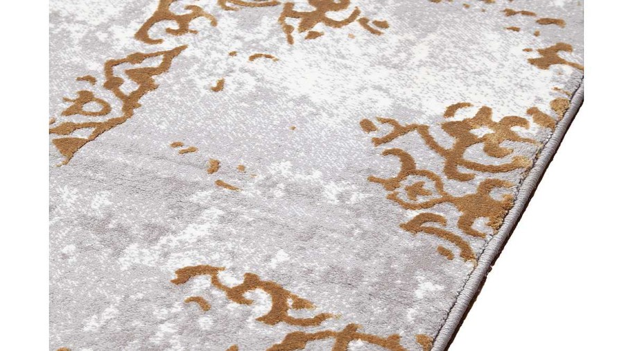 D Co Miliboo | Tapis Rectangulaire Motif Arabesques Aspect Vieilli Ocre Et Gris Clair 160 X 230 Cm Marsa