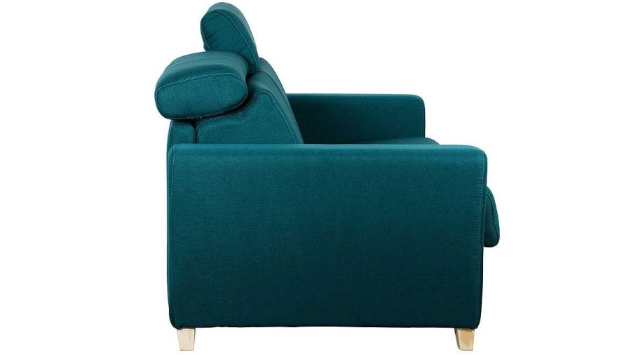 Canap & Fauteuil Miliboo Canap Convertible | Canap Convertible Avec T Ti Res Ajustables 3 Places En Tissu Bleu Paon Et Bois Clair Avec Matelas 12 Cm Goya