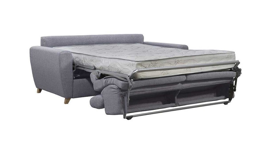 Canap & Fauteuil Miliboo Canap Convertible | Canap Convertible Avec T Ti Res Ajustables 3 Places En Tissu Gris Et Bois Clair Et Matelas 18 Cm Goya