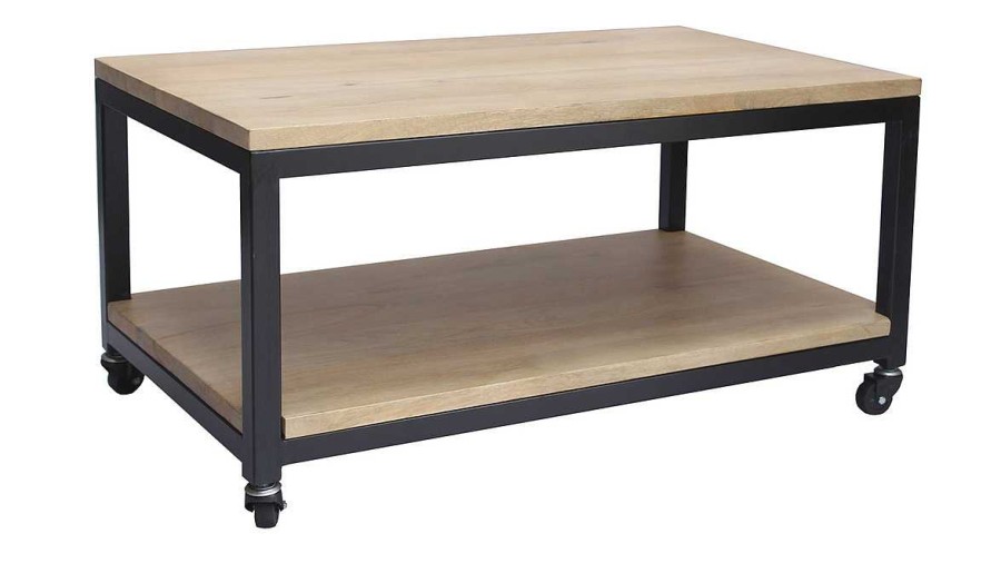 Table Miliboo | Table Basse Roulettes Industrielle Bois Manguier Massif Et M Tal Noir L90 Cm Factory