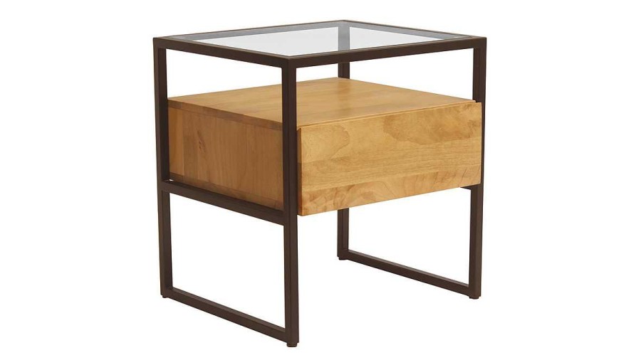 Chambre Miliboo | Table De Chevet Avec Tiroir En Bois Manguier Massif, Verre Et M Tal Noir L50 Cm Diya