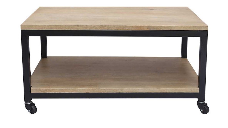 Table Miliboo | Table Basse Roulettes Industrielle Bois Manguier Massif Et M Tal Noir L90 Cm Factory