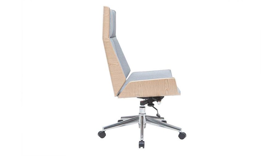 Chaise & Tabouret Miliboo | Fauteuil De Bureau De Direction Design En Tissu Gris Clair, Bois Clair Et Acier Chrom Curved