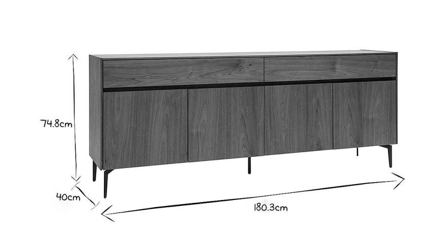 Rangement Miliboo | Buffet Design En Bois Fonc Noyer Et M Tal Noir 4 Portes 2 Tiroirs L180 Cm Bliss