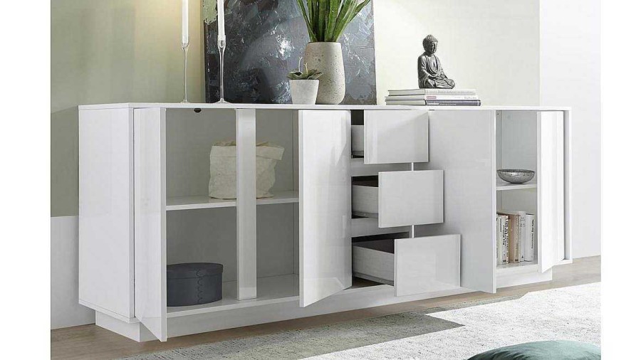 Rangement Miliboo | Buffet Design Blanc Laqu Brillant 4 Portes 3 Tiroirs L210 Cm Como