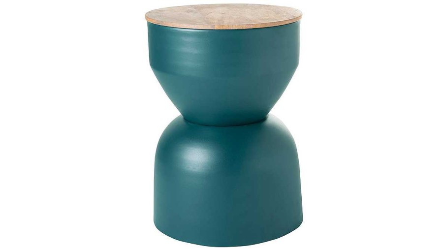 Table Miliboo | Table D'Appoint Ronde Design Avec Rangement En M Tal Bleu Canard Et Bois Manguier Massif D30 Cm Yoyo