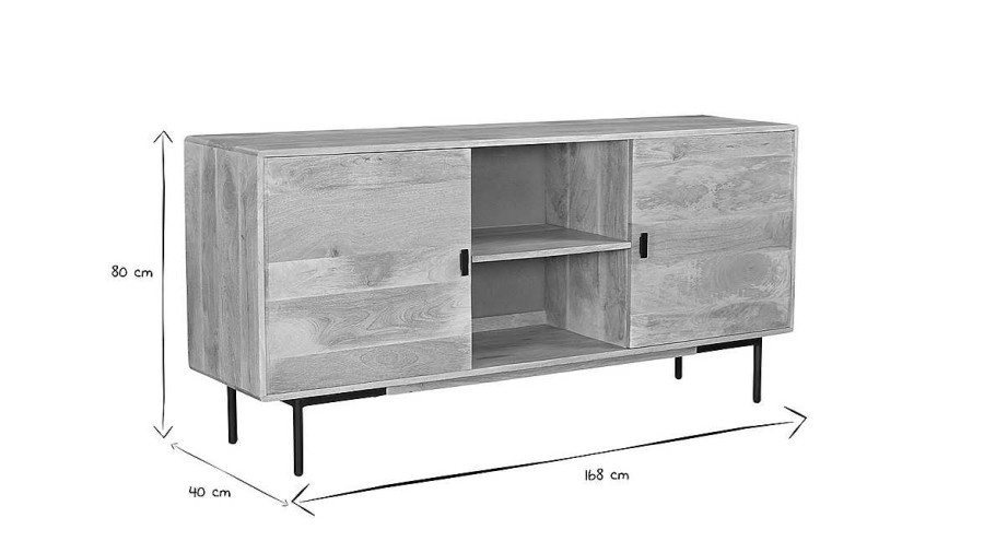 Rangement Miliboo | Buffet En Bois Clair Manguier Massif Et M Tal Noir 2 Portes L168 Cm Jude